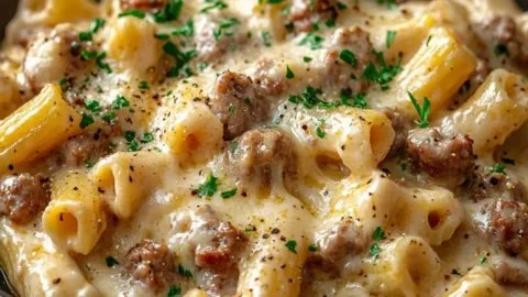 Creamy Italian sausage rigatoni served in a bowl, garnished with parsley and cheese.