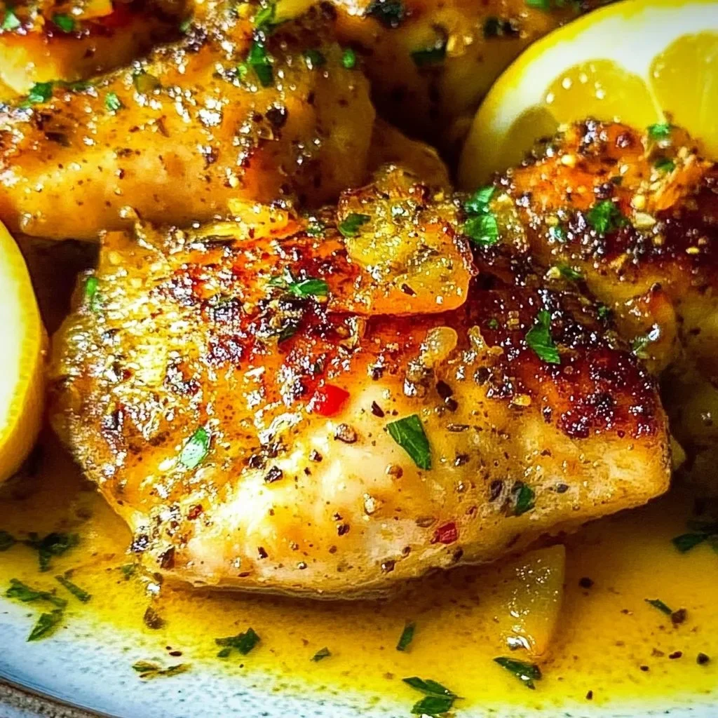 Delicious crockpot lemon garlic chicken served with herbs and lemon slices