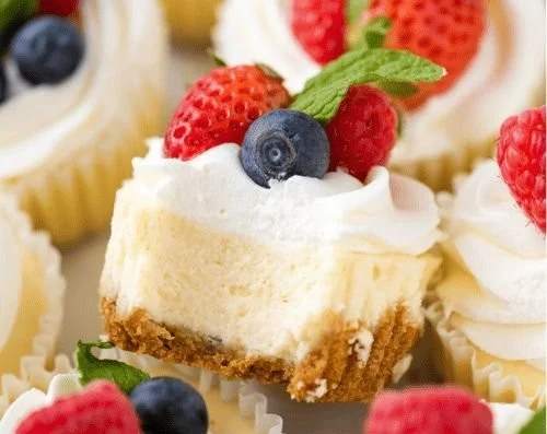 Irresistible Mini Cheesecakes with Whipped Cream and Fresh Fruit | Mini Cheesecakes for Parties, Mini Dessert Ideas for Adult Parties, Mini Cheesecake Recipes