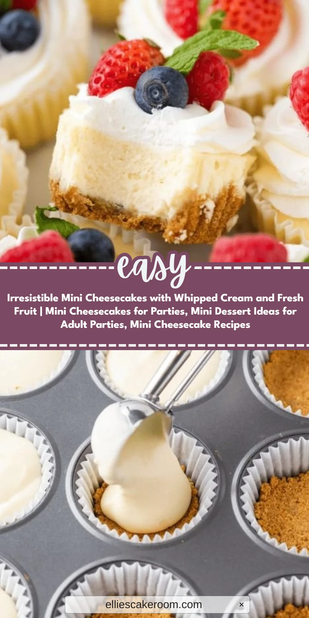 Irresistible Mini Cheesecakes with Whipped Cream and Fresh Fruit | Mini Cheesecakes for Parties, Mini Dessert Ideas for Adult Parties, Mini Cheesecake Recipes