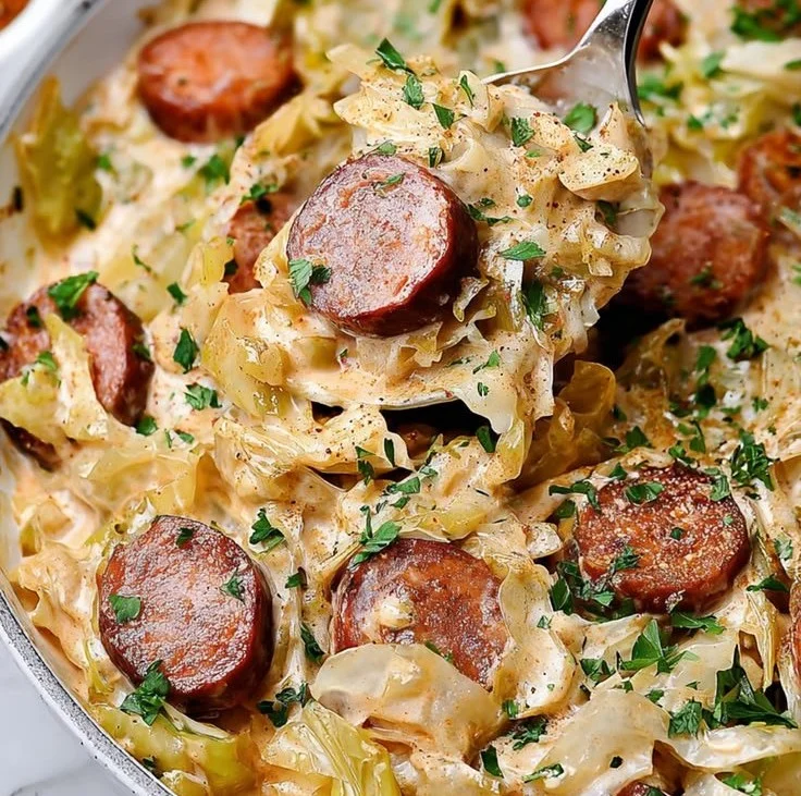 Keto Cajun Sausage Alfredo served in a bowl with cabbage and spices