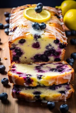 Sliced Lemon Blueberry Yogurt Loaf on a white plate with fresh blueberries