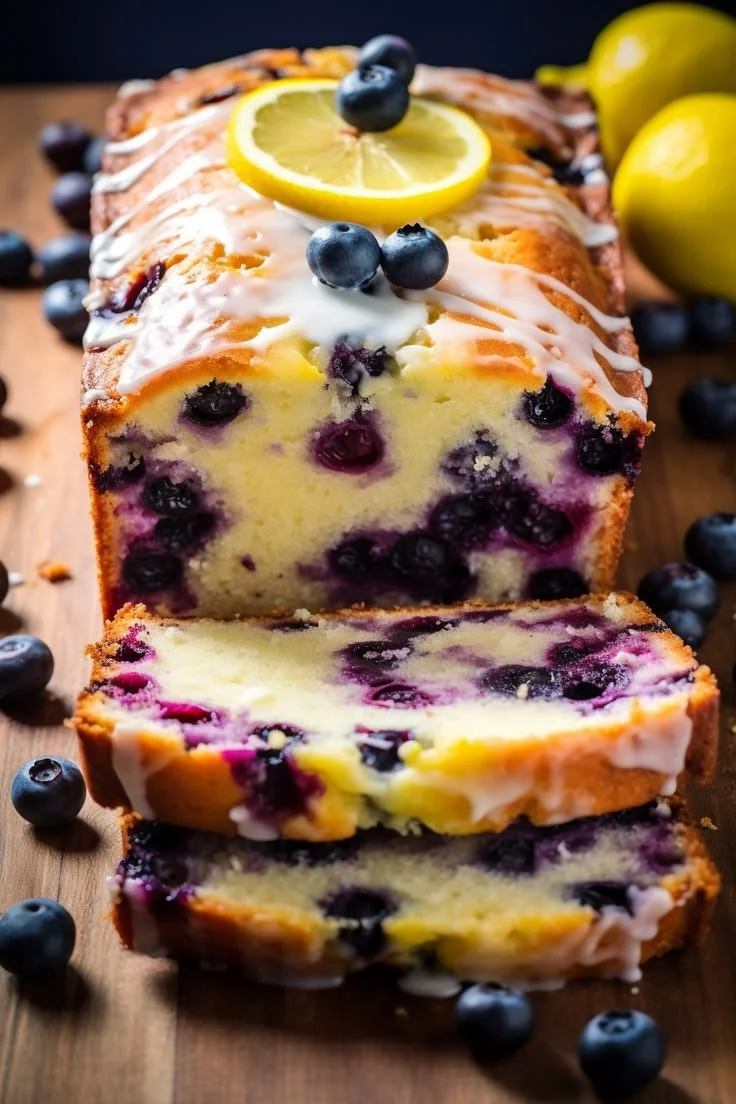Sliced Lemon Blueberry Yogurt Loaf on a white plate with fresh blueberries