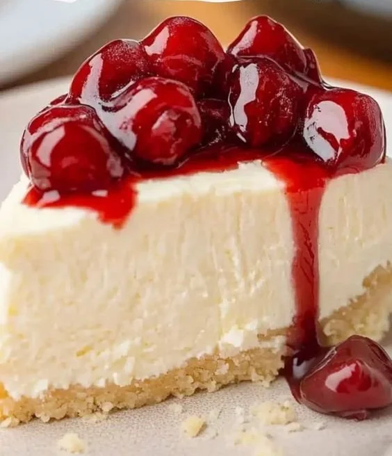 Delicious no bake cheesecake topped with Cool Whip, ready to serve.