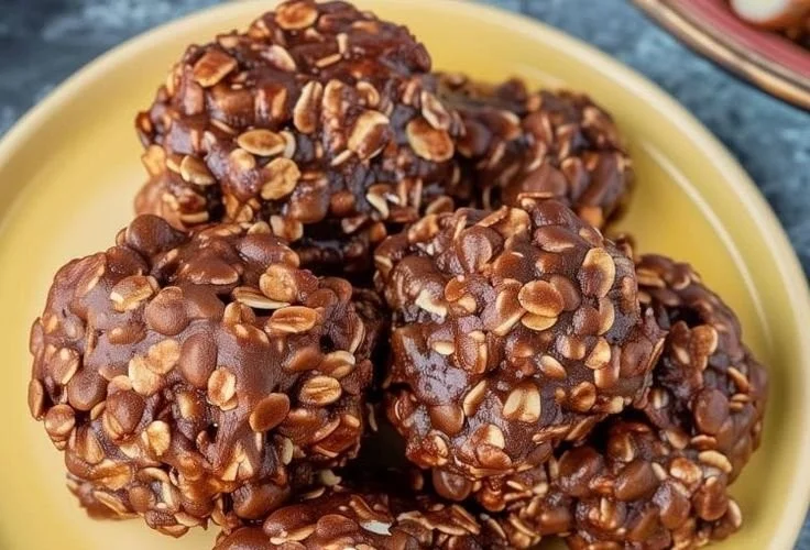 Plate of no-bake chocolate cookies with a rich chocolaty texture