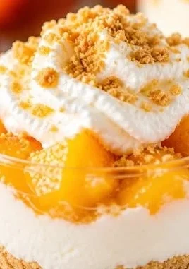 No-bake peach dessert cups topped with fresh peaches and cream