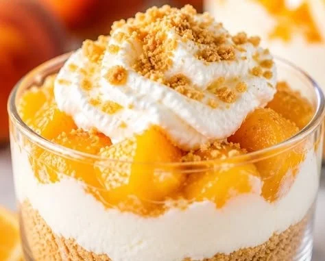 No-bake peach dessert cups topped with fresh peaches and cream