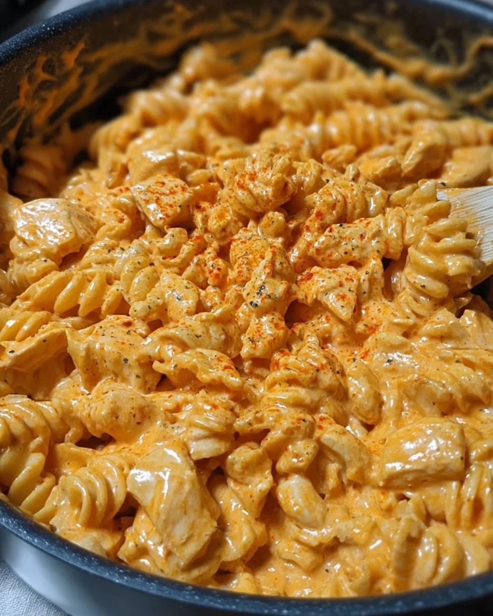 One-pot creamy spicy buffalo chicken pasta dish served in a bowl