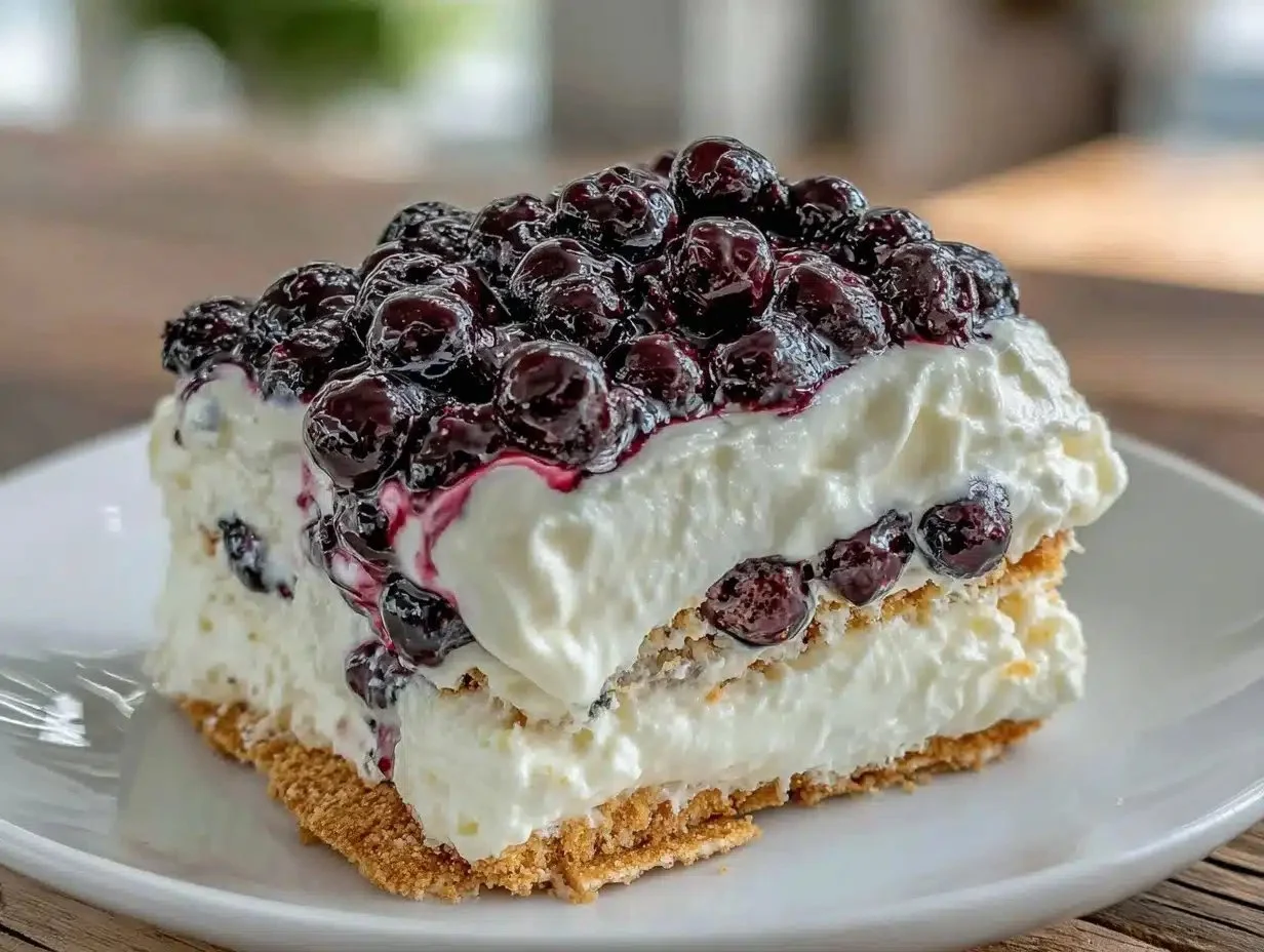 Slice of refreshing blueberry lemonade icebox cake on a plate