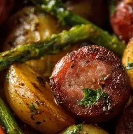 Sausage sheet pan dinner with vibrant vegetables ready to serve.
