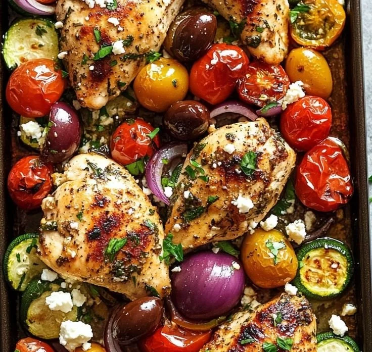 Delicious Sheet Pan Greek Chicken with colorful veggies on a baking tray