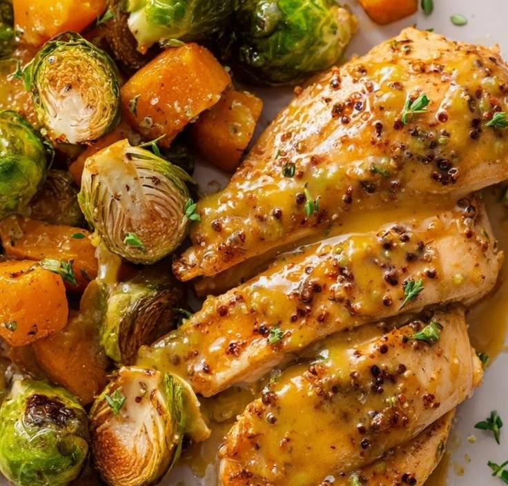 Sheet Pan Honey Dijon Chicken with Sweet Potatoes and Brussels Sprouts