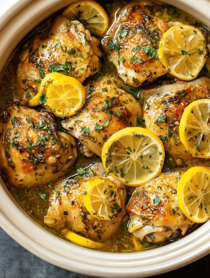 Plate of slow cooker lemon garlic chicken garnished with fresh herbs