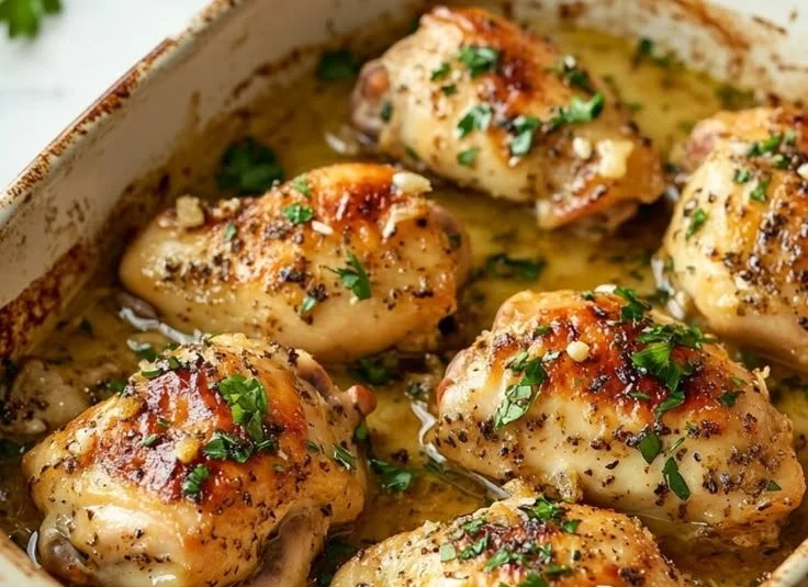 Delicious summer garlic butter baked chicken garnished with herbs.